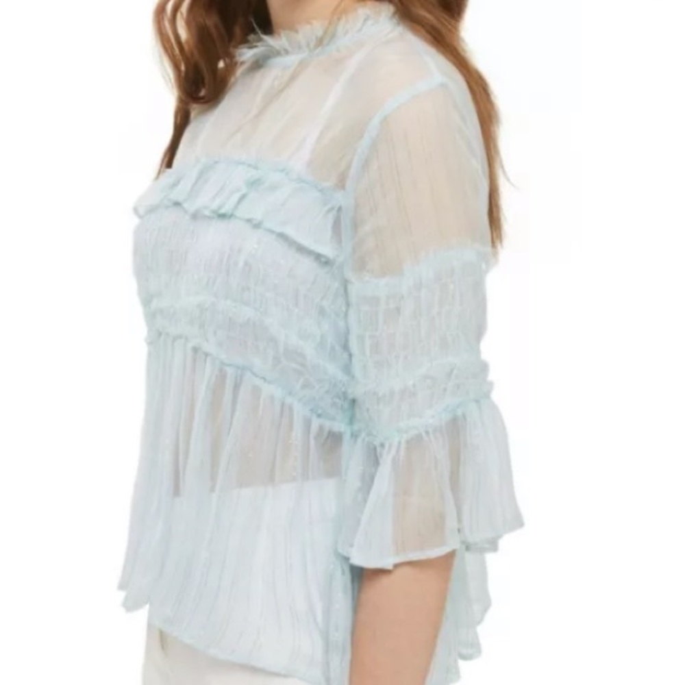 🦋 TOP SHOP GREEN SHEER GLITTER RUFFLE TOP SZ SM